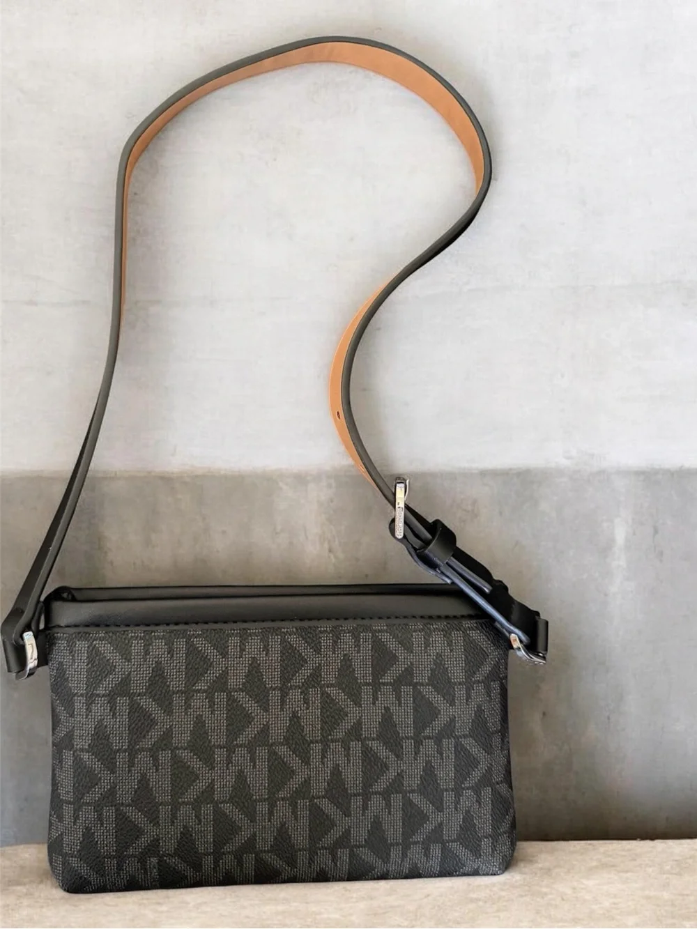 Michael Kors Black Signature MK Monogram Belt Bag with Leather Belt Strap